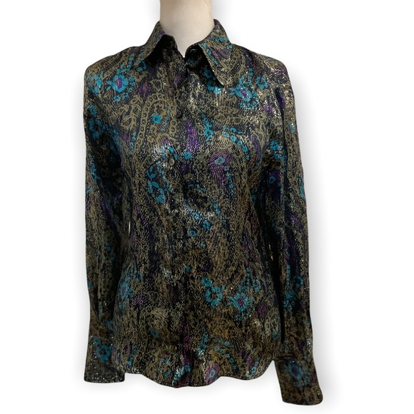 NWT True Royal Button Down Silk Top, Sz XS - Picture 1 of 8